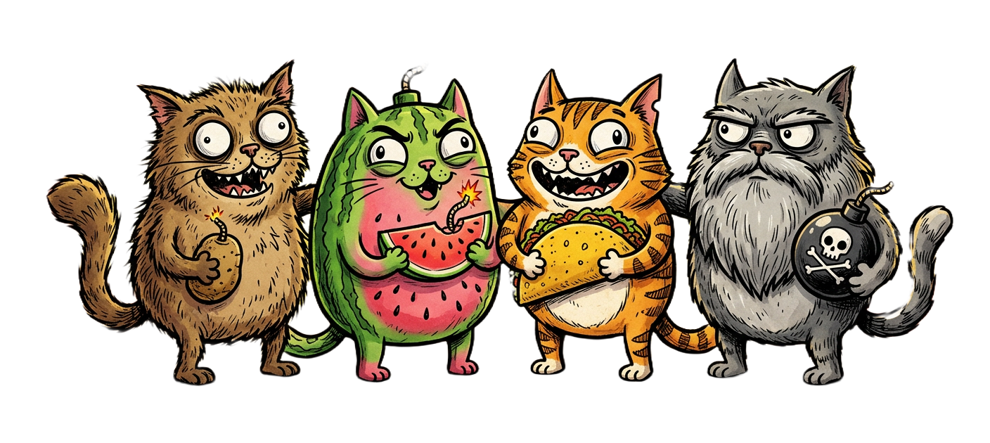 Group picture of the exploding kitten avatars of the team